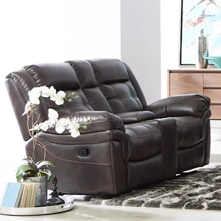 Casual Reclining Loveseat with Contrast Stitching and Cupholder Storage Console